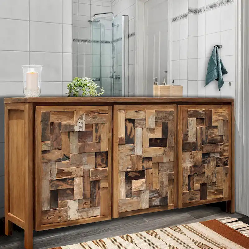 Bathroom Linen Cabinet with 3 Doors �C Solid Teak Wood
