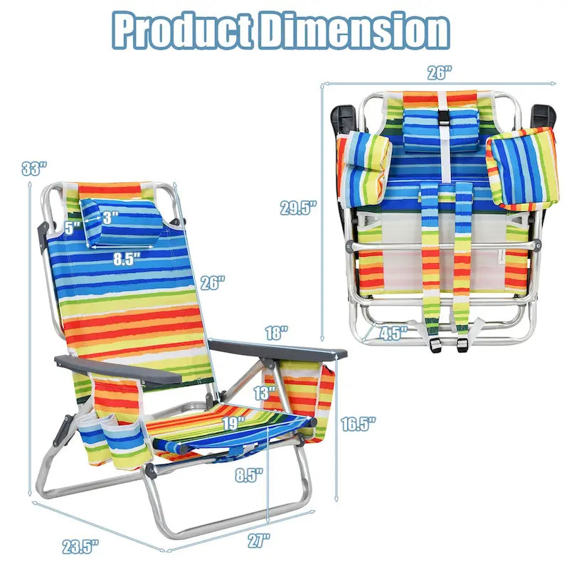 Folding Beach Backpack Chair Reclining Camping Chair with Pillow