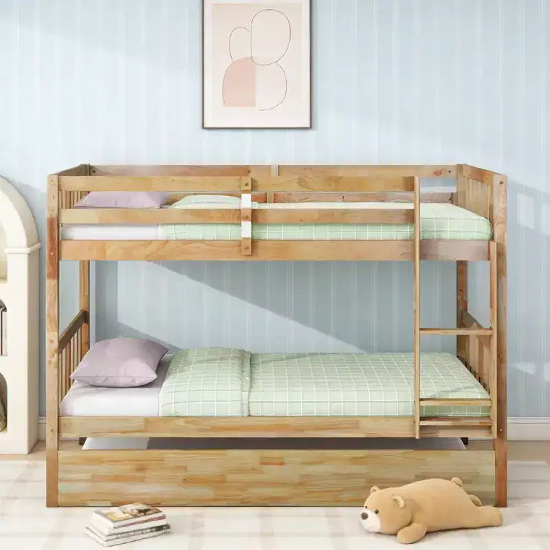 Twin Over Twin Modern Wood Bunk Bed with Trundle, Convertible into 2 Beds