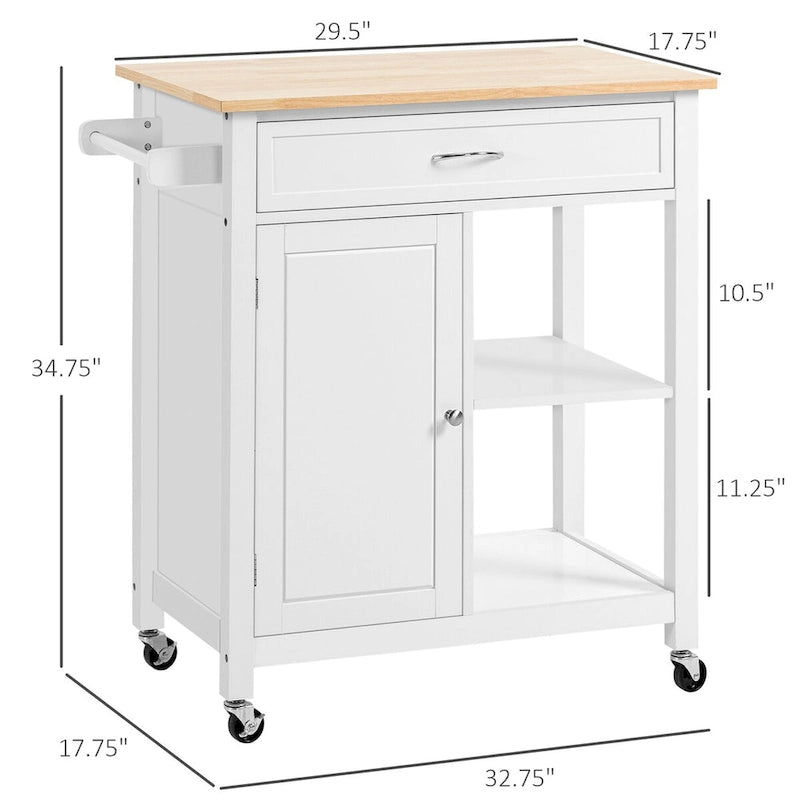 White Rolling Kitchen Island Cart with Solid Wood Top Drawer Cabinet and Open Shelves