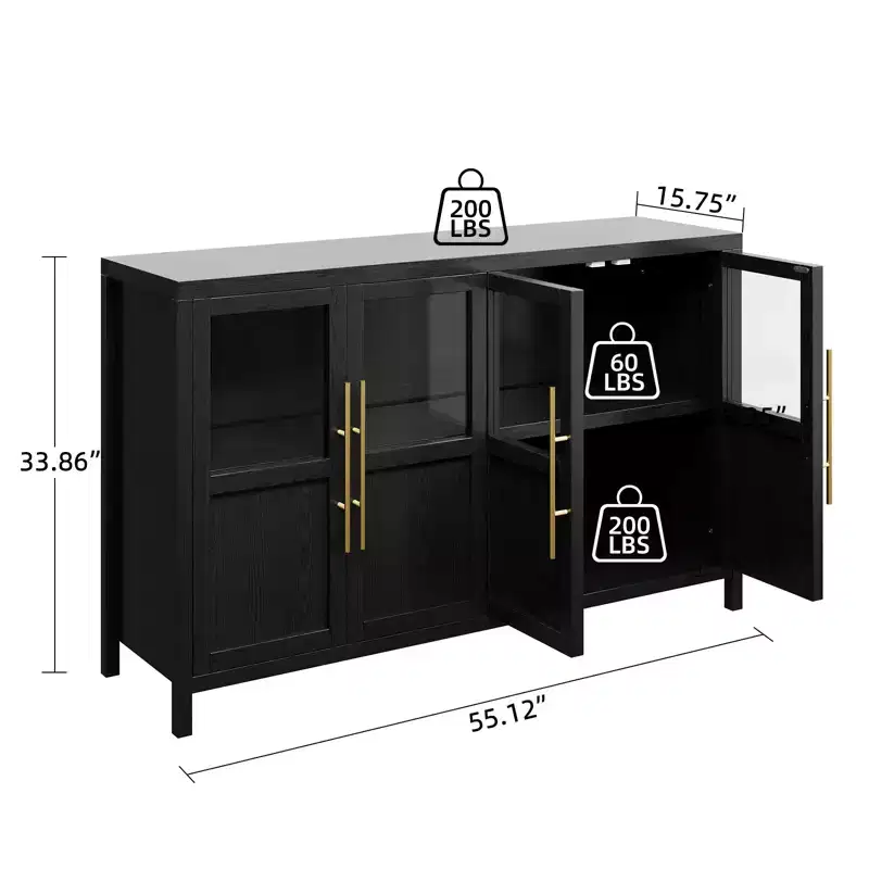 Storage cabinet, 55 inches farmhouse style, modern wooden cabinet with 4 glass doors, suitable for dining room, living room and entryway