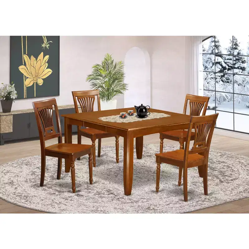 HomeStock 5-Piece Square Saddle Brown Finish Solid Wood Top Dining Table with 4 Chairs