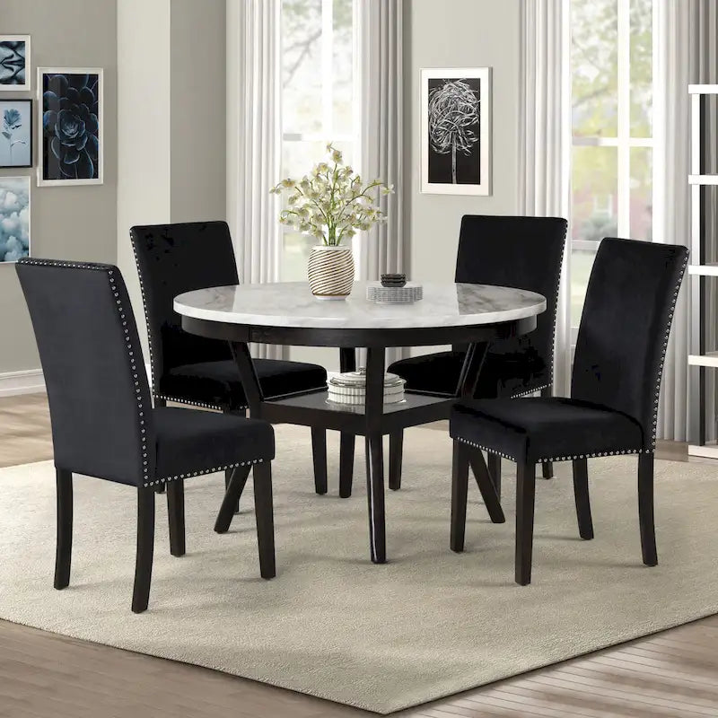 Round Dining Table with Faux Marble Top and Lower Shelf