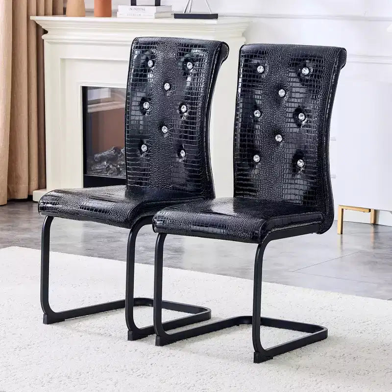 Set of 2 Retro Alligator Skin Upholstered Dining Chairs with Black Metal Legs