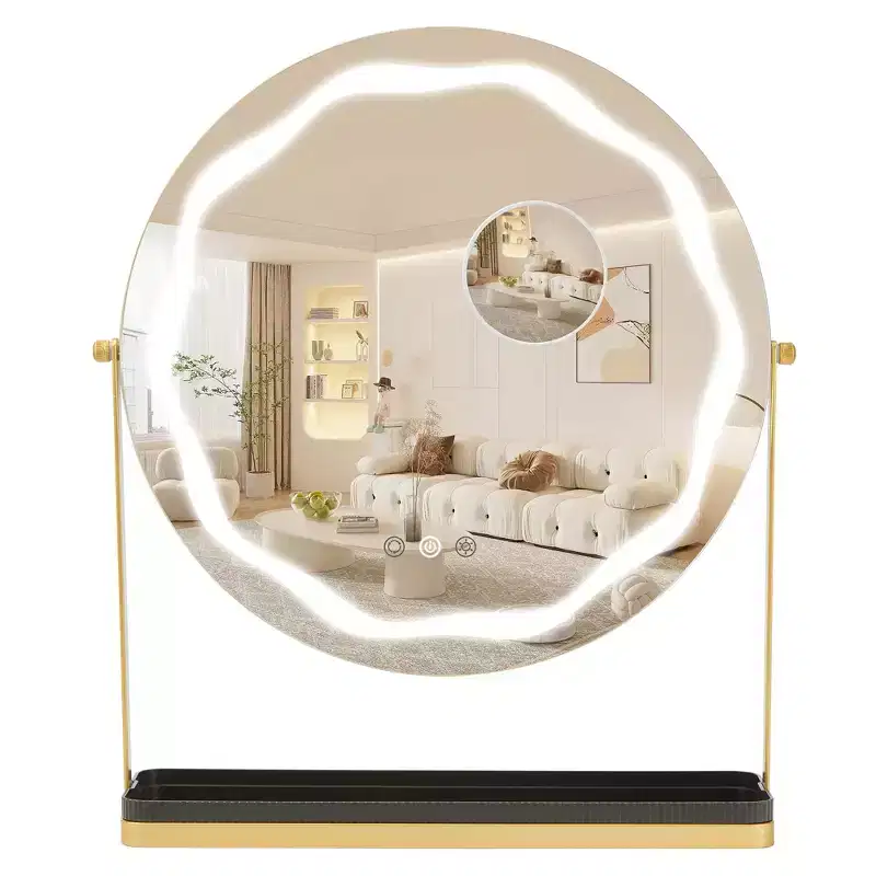 Magnifying Makeup Mirror with Adjustable Light Settings, 360° Swivel, Metal Base & Tray, Touch Control