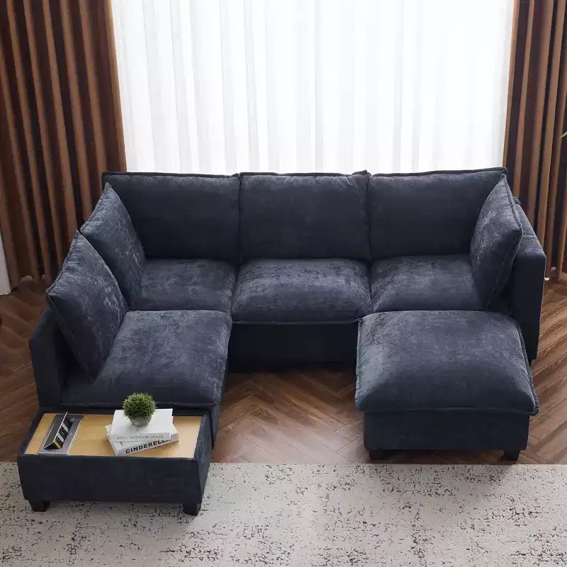 90W U-Shaped Sectional Sofa Modular Sofa Couch with a Movable Ottoman & a Coffee Table with Hidden Charging Devices - ModernLuxe