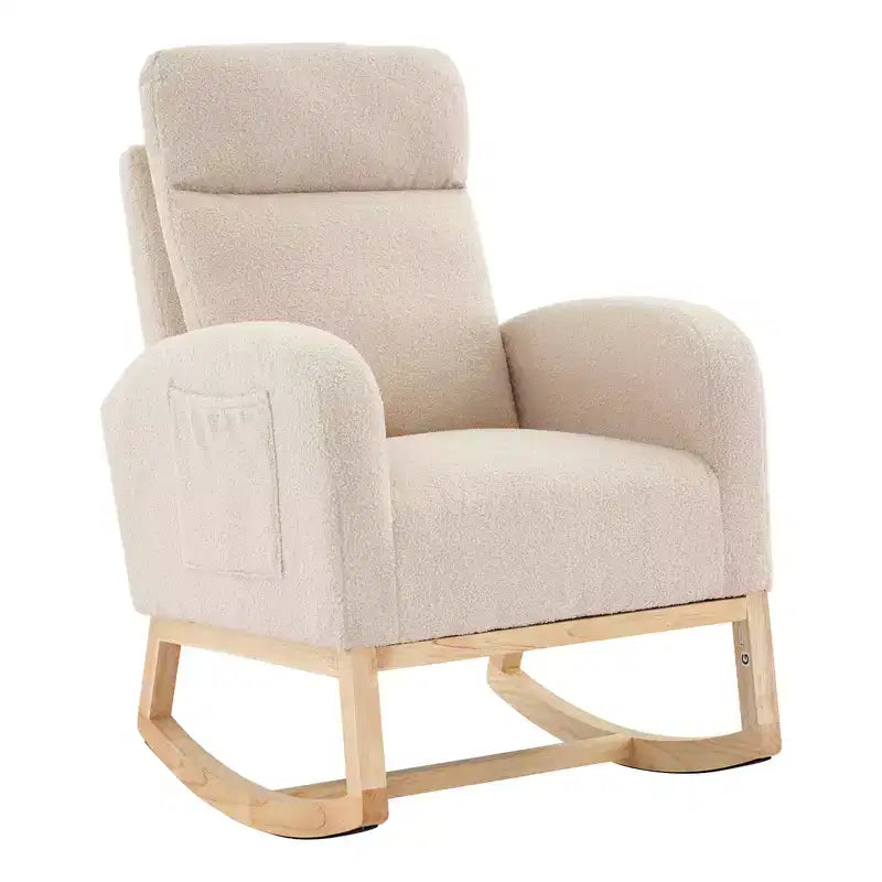 Nursery Glider Rocking Chair �C Upholstered Teddy Fabric, High Backrest & Side Pockets