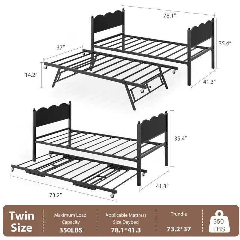 Daybed with Trundle, Twin Size Day Bed with Metal Slat Support & Lockable Casters, Wavy Headboard with Wood Grain, Space-Saving Sofa Bed