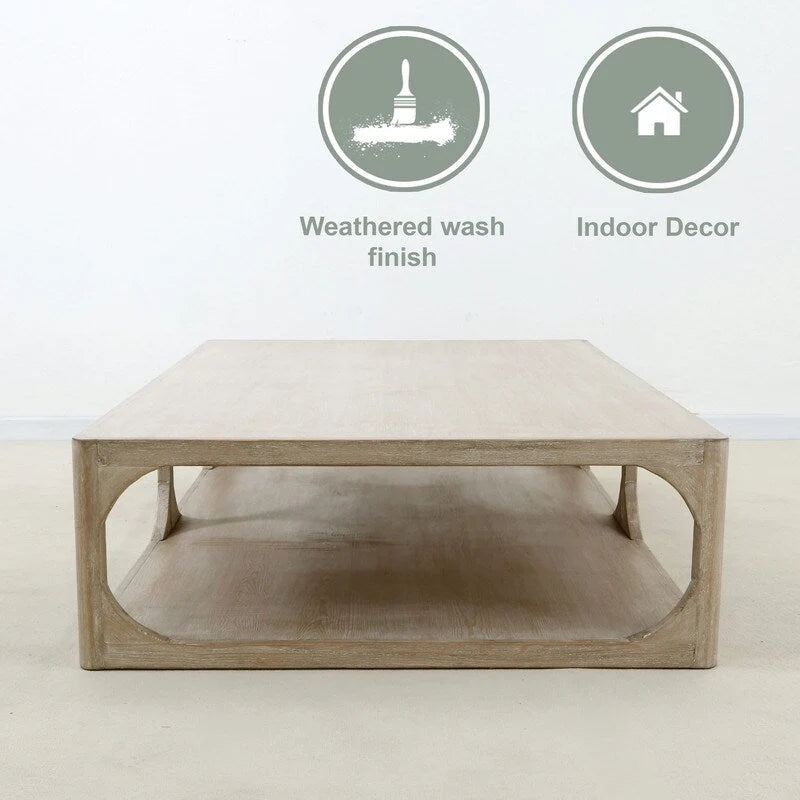 67 Handcrafted Reclaimed Wood Coffee Table, Weathered White Wash, Ming Style