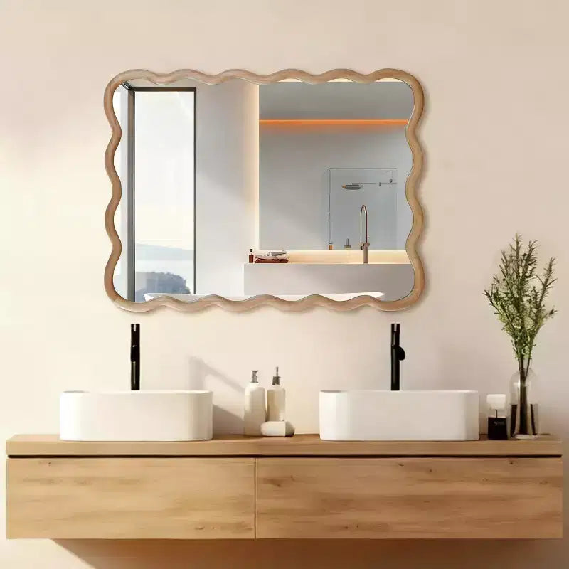MAYEERTY 30 x 40 Wavy Rectangle Solid Wood Frame Decroative Mirror for Bedroom Bathroom Living Room Natural Wood