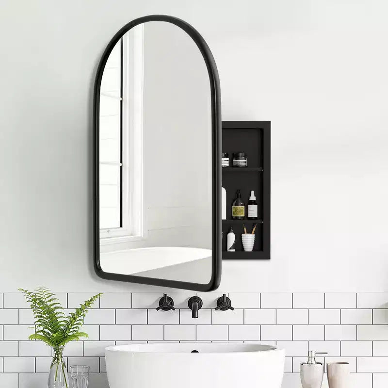 MAYEERTY 24 x 35.8in Modern Arch Bathroom Medicine Cabinets, Metal Framed Wall Mirror with Storage, Black