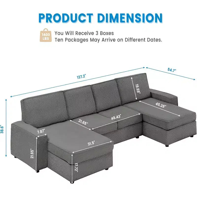 Modular Sectionla Sofa, U-Shaped Couch with Removable Washable Covers, Modern Gray Convertible Deep Seat Sofa for Living Room, Office
