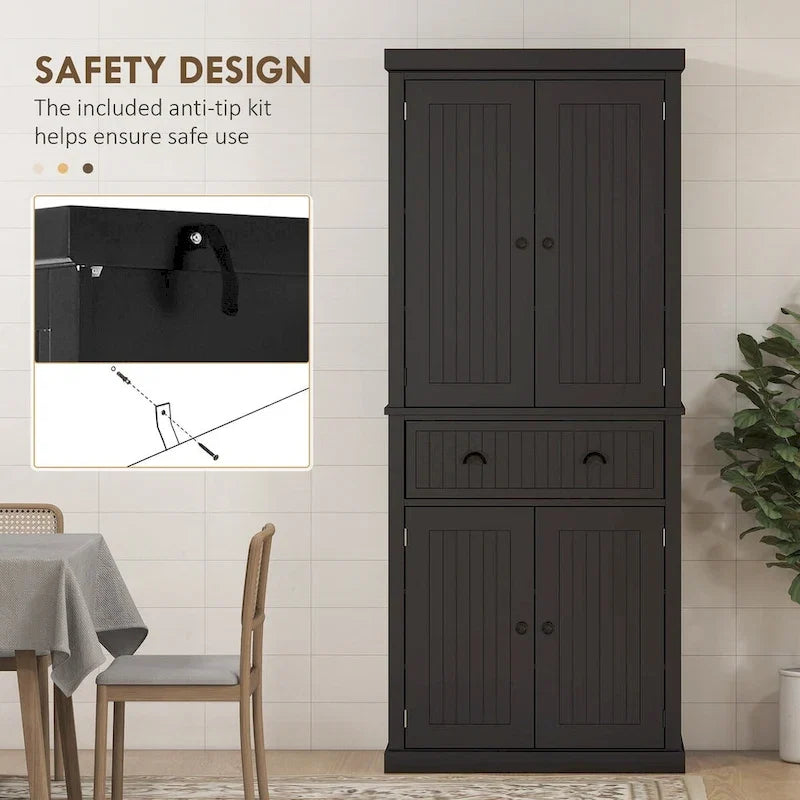 72 Kitchen Pantry Storage Cabinet, Traditional Freestanding Cabinet with 4 Doors and 3 Adjustable Shelves, Large Central Drawer