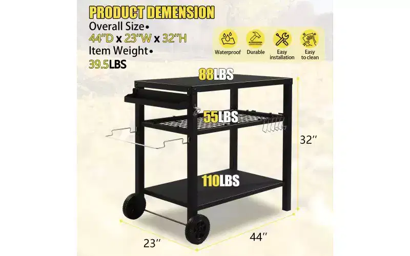 3-Shelf Outdoor Grill Cart Movable BBQ Trolley with Two Wheels and Hooks
