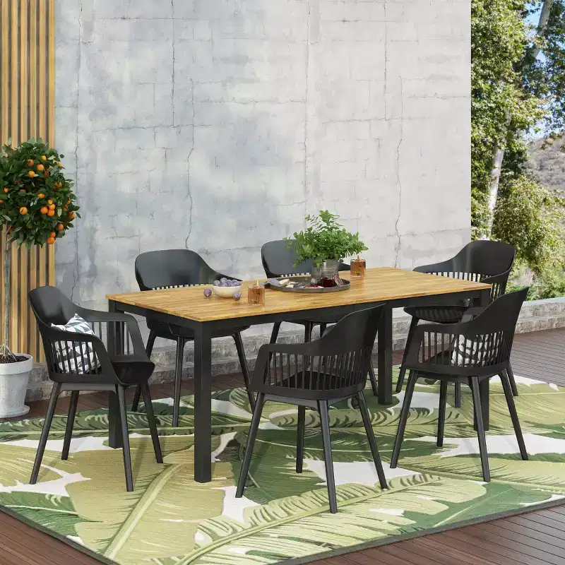 Christopher Knight Home Lorena Outdoor Acacia Wood and Resin 7 Piece Dining Set with 71 Dining Table, Black and Teak