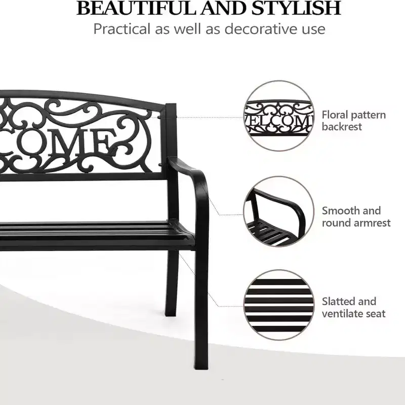 VINGLI Outdoor Metal Bench with Welcome Pattern PVC Back, Weatherproof Black Steel Patio Bench for Garden, Porch, Deck, Yard, Lawn Decor