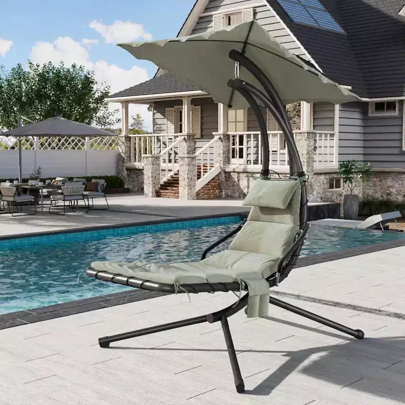 Chaise Lounger Swing Chair with Umbrella Canopy,Patio Hanging Chair with Stand,Curved Steel Lounge Chairs for Indoor Patio Pool Garden Backyard Porch