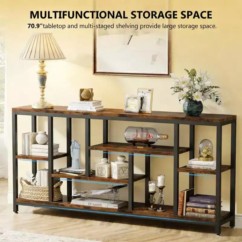 NAYSAYE Rustic Console Table Industrial Sofa Side Table Multi Shelf Wood Metal Storage Rack for Living Room Entryway, Black, 70.92*11.82*35.46