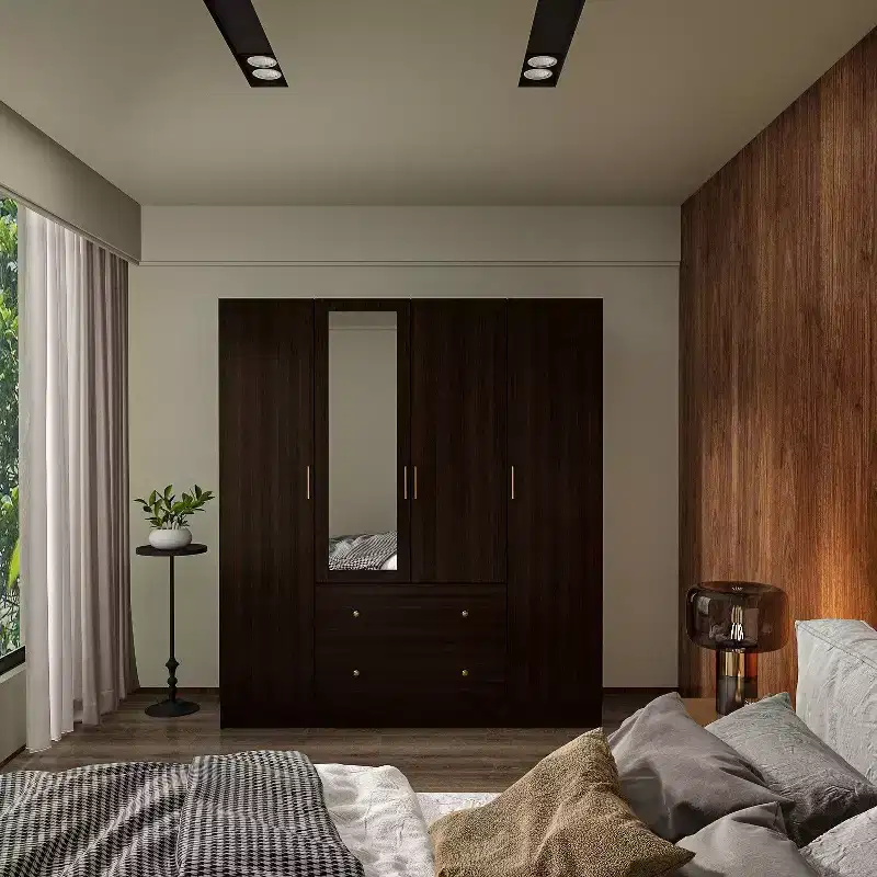 Armoire Hitow à 2 grands tiroirs, penderie centrale et miroir, style minimaliste