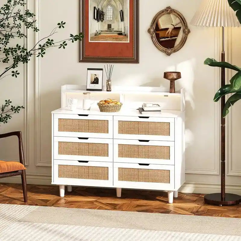 Bohemian Rattan 6-Drawer Sideboard Buffet with Adjustable LED Lights & Power Outlet