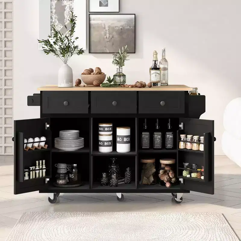 Kitchen Island With Storage Cabinet & 3 Drawers, Drop-Leaf Countertop, Rolling Cart With Locking Casters, Black