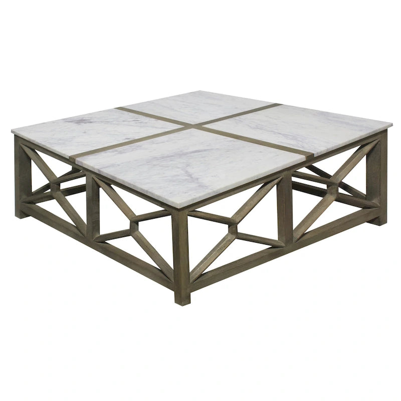 Coffee Table, 40 Inch Square White Marble Top, Sandblasted Ash Gray Mango Wood Geometric Frame