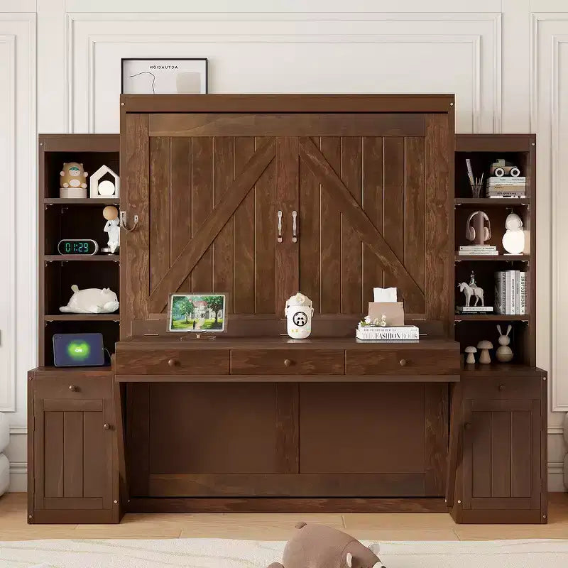 Whisen Queen Murphy Bed Frame with Desk & Storage, Wood Wall Bed with Cabinets & Drawers