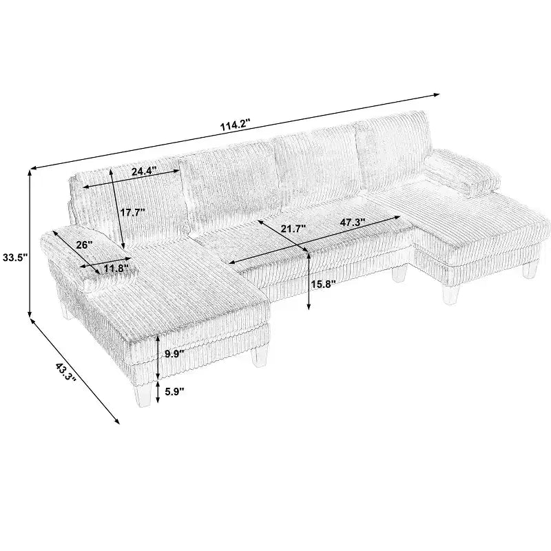 Homy Casa U-Shaped Corduroy Sectional Sofa with Double Chaise, 4-Seat Living Room Couch, Beige