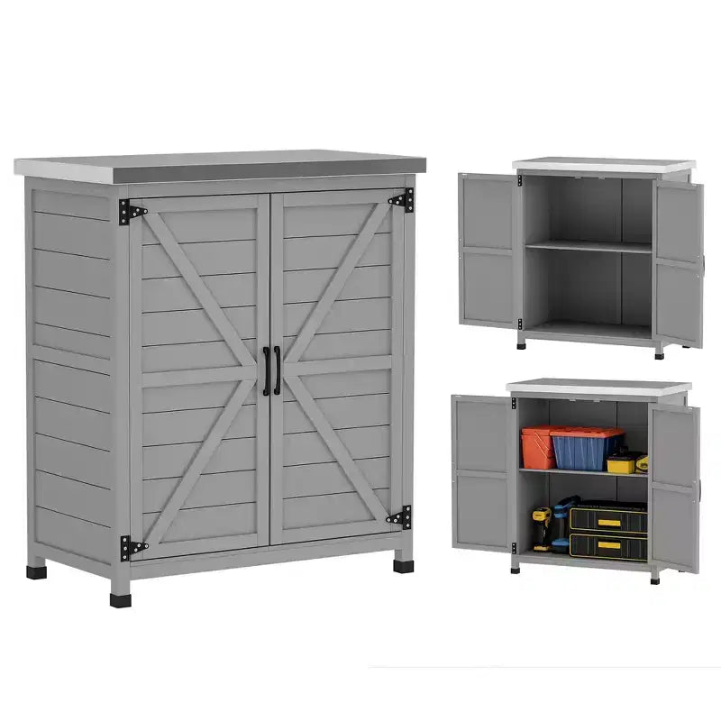 Outdoor Wooden Storage Cabinet & Prep Station with Metal Tabletop & Double Doors