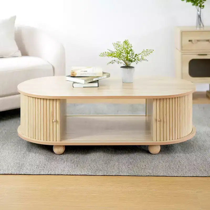 Oval Coffee Table Cocktail Table Storage Center Table Accent Table Sofa Side Table with Accordion Door - ModernLuxe