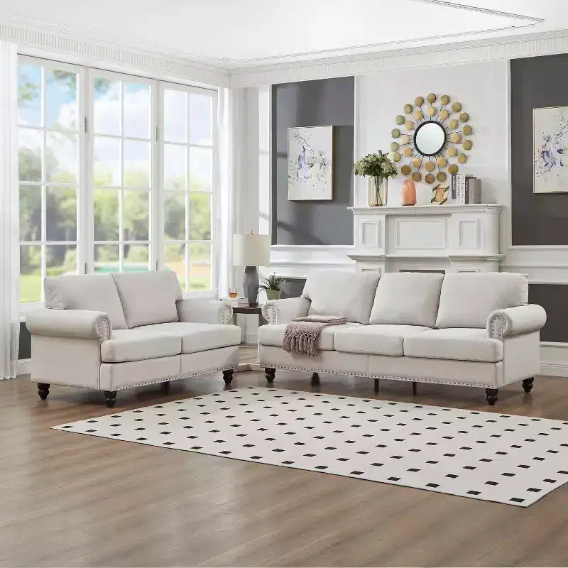 MAYEERTY Modern Sectional Sofa Classic Design with Nails Living Room 5 Seaters Upgolstered Polyester Beige