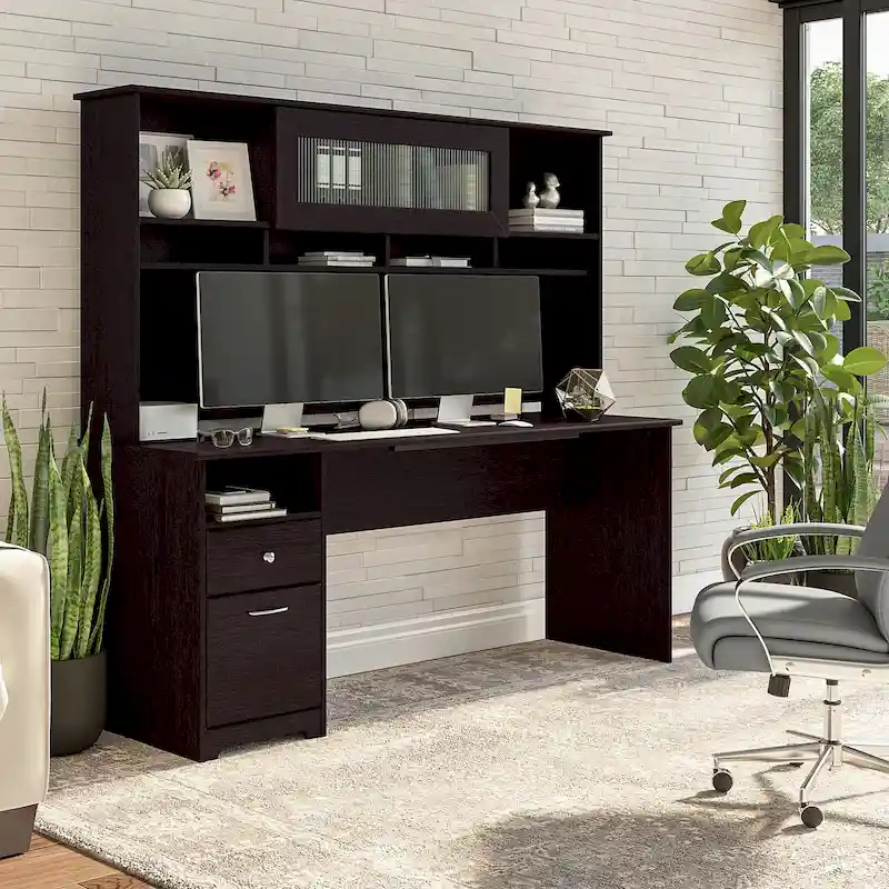 72W Computer Desk with Hutch and Drawers by