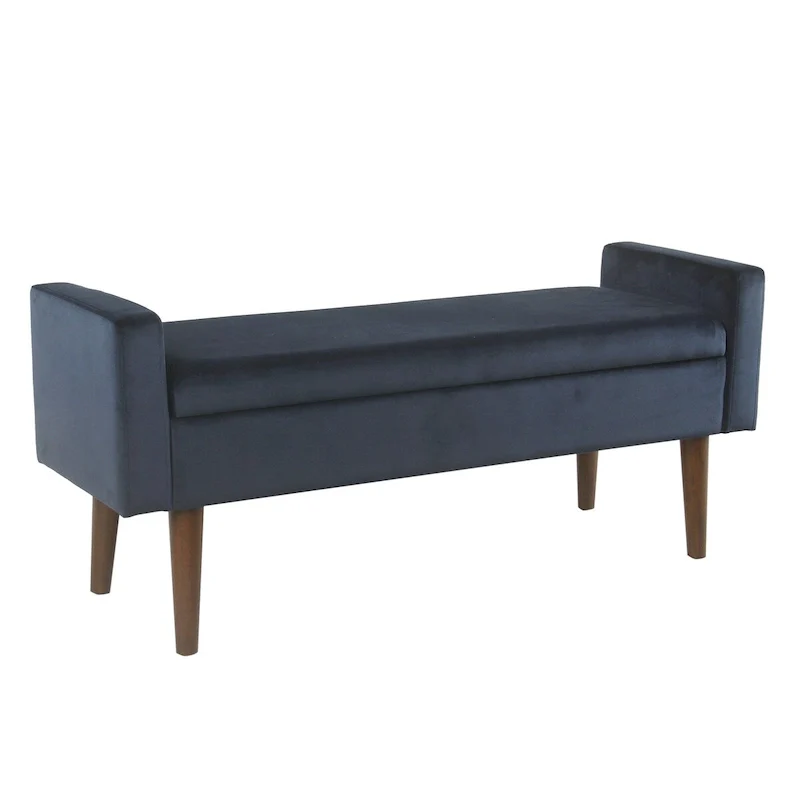 Velvet Upholstered Wooden Bench with Lift Top Storage and Tapered Feet, Navy Blue - 21 H x 48 W x 16 L Inches