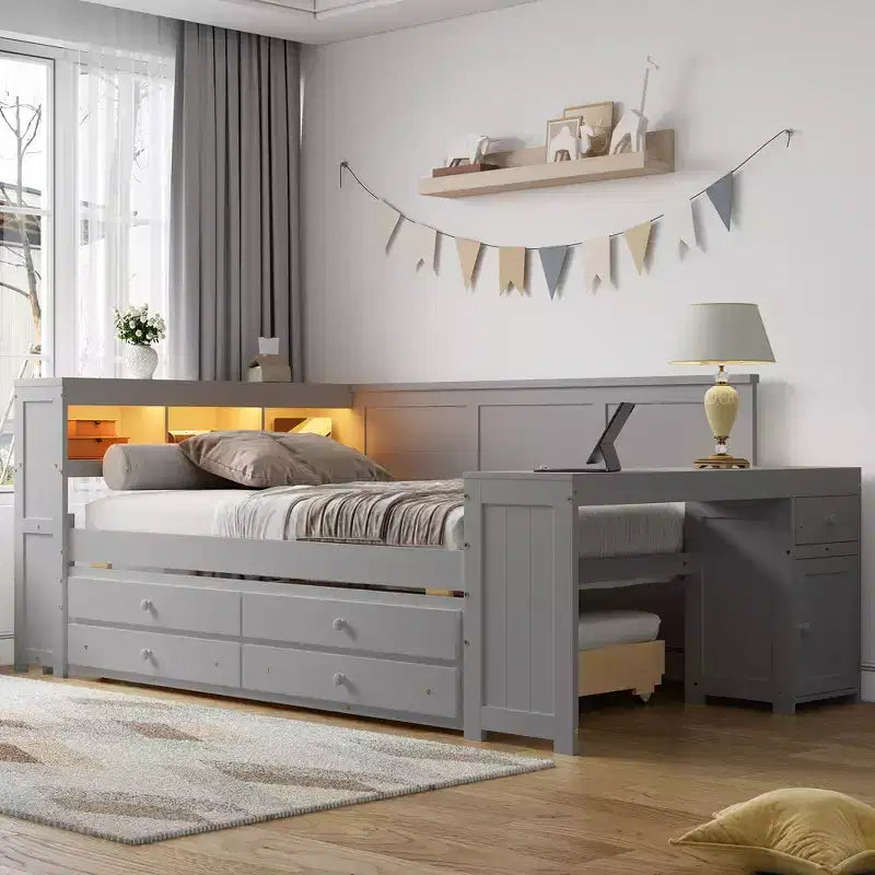 Full Size Daybed with Trundle and Desk, Space Saving Daybed with Storage Shelves, Drawers & Cabinet, Captain's Bed Sofa Bed Frame with LED Lights