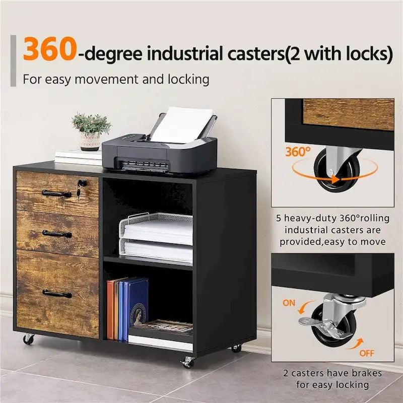 Rolling File Cabinet on with 3 Drawers and 2 Shelves