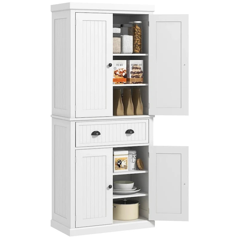 72 Kitchen Pantry Storage Cabinet, Traditional Freestanding Cabinet with 4 Doors and 3 Adjustable Shelves, Large Central Drawer