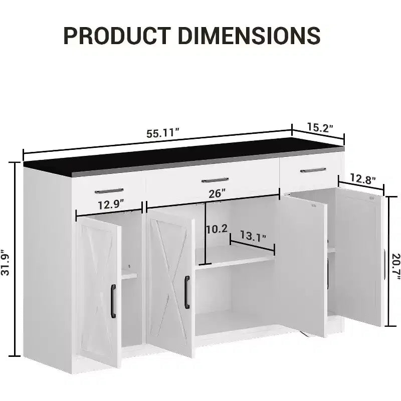 55Inch Large Sideboard Buffet Storage Cabinet, with 3-Drawer and 4 Doors, Buffet cabinets, Farmhouse Coffee Bar Cabinet