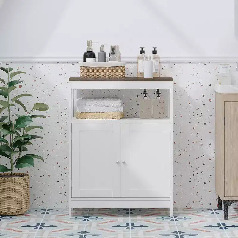 Modern Storage Cabinet with Double Doors, Freestanding Bathroom Organizer with Adjustable Shelf and Wood Top for Kitchen, Entryway, White