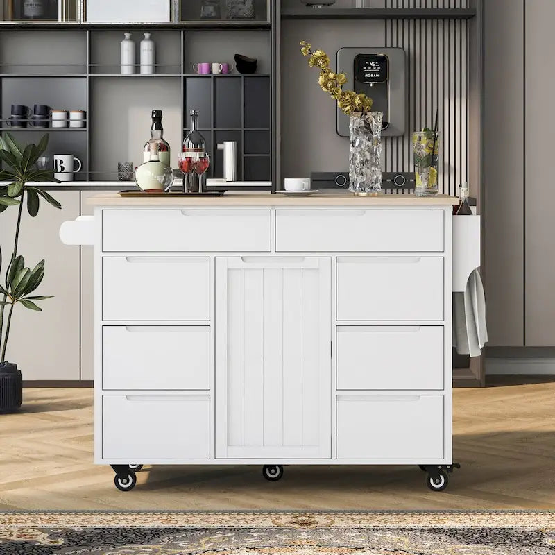 Rolling Kitchen Island Cart with 8 Handle-Free Drawers Rubberwood Top and Spice Rack