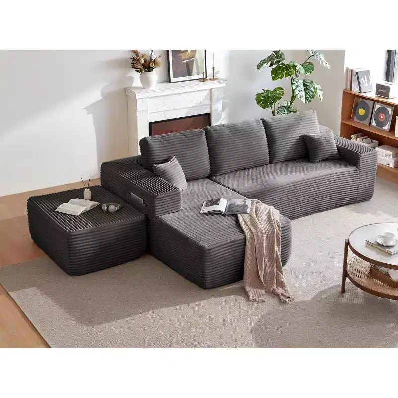 104Cloud Sectional Sofa,U-Shaped Chaise,Deep Seat,Side Pockets,Plush Fabric,No Assembly,Grey,Left Facing