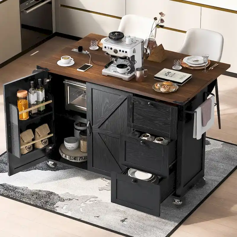 54.5 Kitchen Island with Power Outlet and Drop Leaf for Kitchen