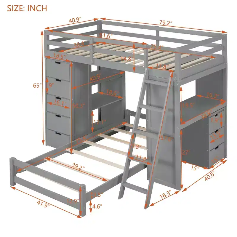 Twin over Twin Separable Bunk Beds with Desk and Drawers, Wood L-Shape Bunk Bed Frame with USB Ports and LED Ligh for Kids Teens