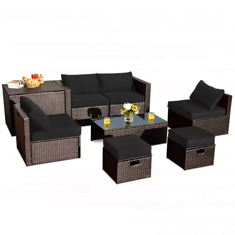 Costway 8PCS Patio Rattan Furniture Set Space-Saving Storage Cushion Black\Turquoise\Navy cover