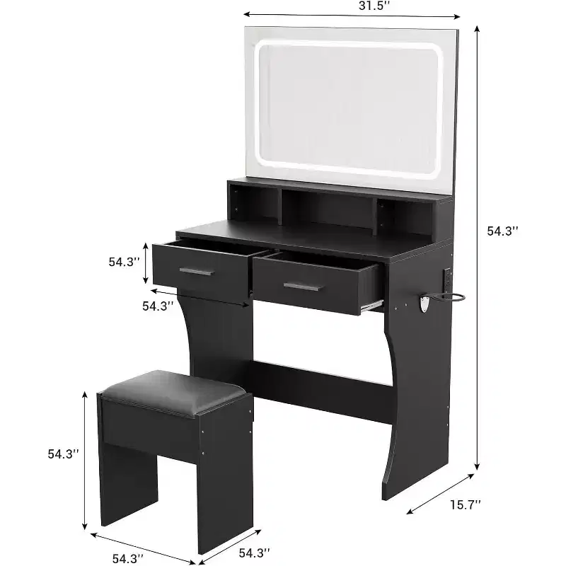 Acekool Vanity Desk with Adjustable Mirror, Charging Station, Storage Drawers & PU Stool for Bedroom or Dorm
