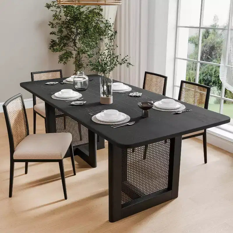 Dovelina Mid-Century Rectangle Wood Dining Table Rattan Kitchen Table Set 6 People - 67