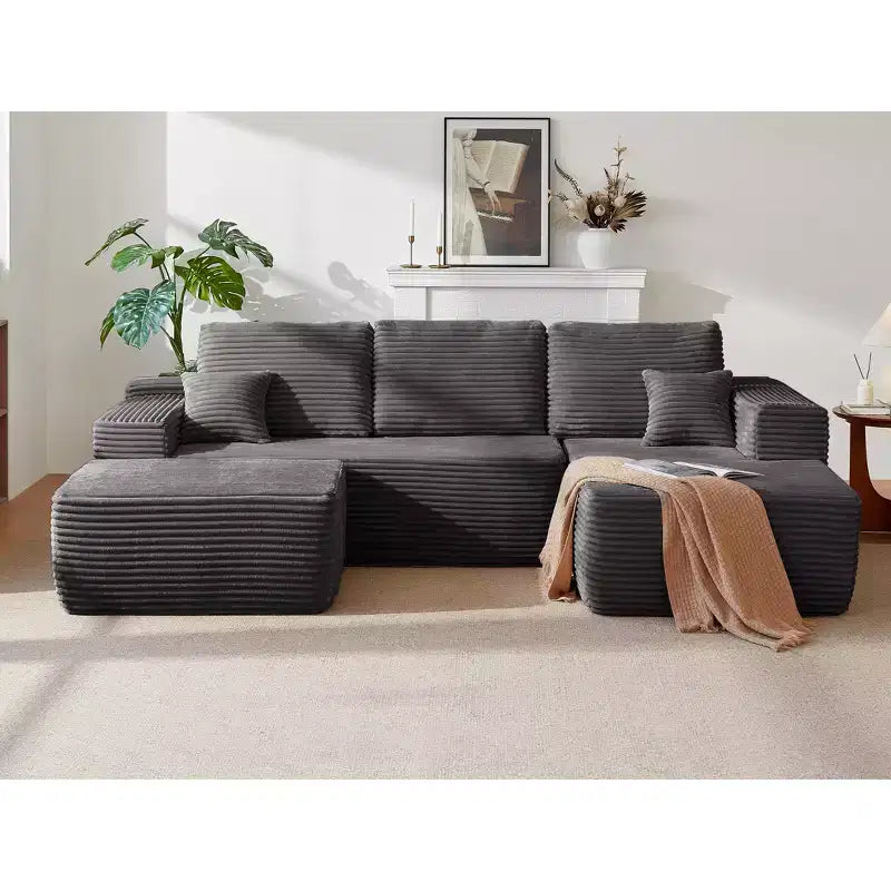 104Cloud Sectional Sofa,U-Shaped Chaise,Deep Seat,Side Pockets,Plush Fabric,No Assembly,Grey,Right Facing