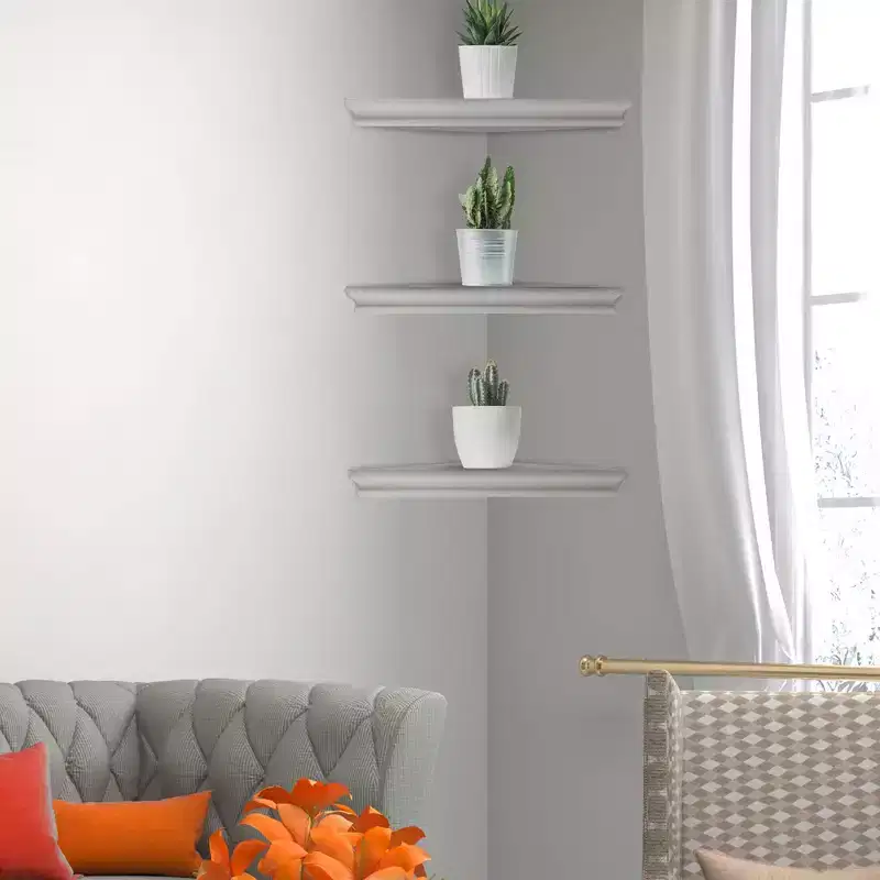 8" x 16" Set of 3 Whitewash Wood Floating Corner Shelves White - American Art Decor: Rustic Farmhouse MDF Storage, No Assembly Required