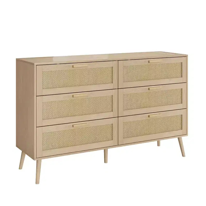 Homy Casa 6-Drawer Dresser with Rattan Fronts for Bedroom, Living Room or Entryway Storage, Natural Wood
