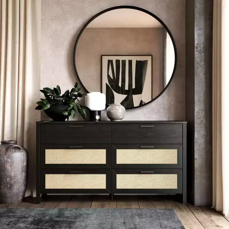 Ameriwood Home Wimberly 6-Drawer Dresser, Black Oak with Faux Rattan