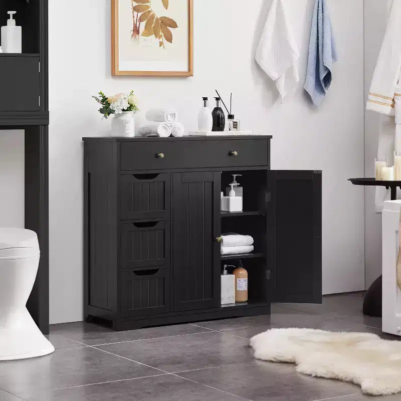 Yaheetech Wooden Bathroom Storage Cabinet Floor Cabinet with Adjustable Shelf, Black